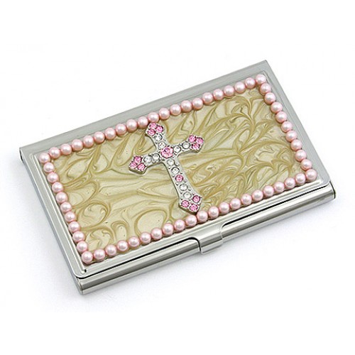 Business Card Holder - Enamel Accented w/ Pearl - Pink - CH-GCH1290PN 